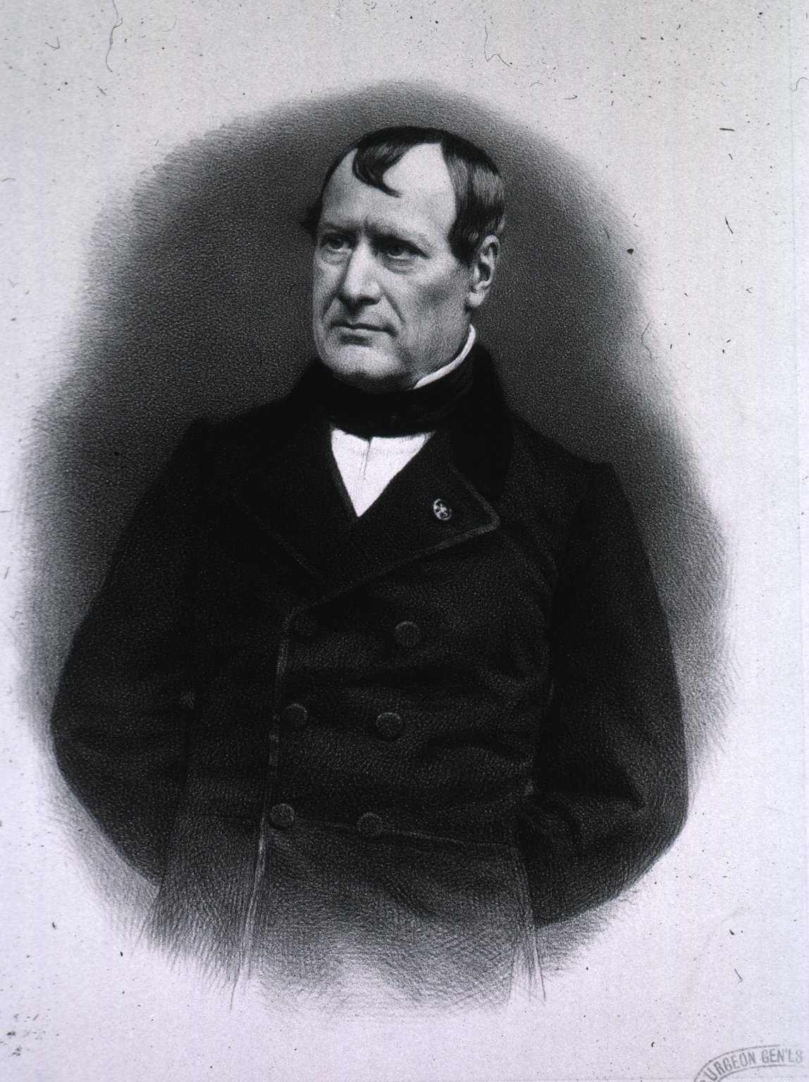 Engraved portrait of Pierre Flourens, French physiologist (1794-1867), in a frock coat.